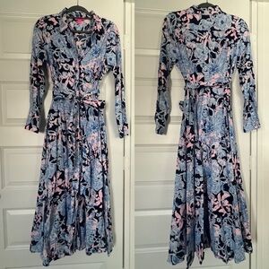 Lilly Pulitzer Mira Stretch Shirtdress Midi Dress Bright Navy Amore Please Pink